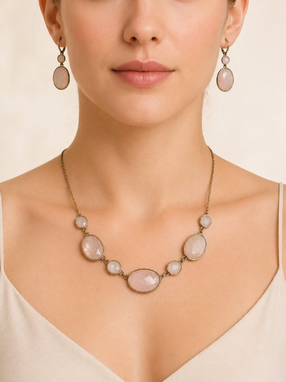 Talbots Blush Pink Faceted Necklace Earrings Set Gold Tone